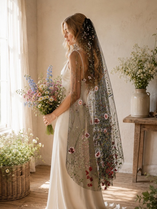 Black Floral Embroidered Wedding Veil with Wildflower Design, Bridal Veil, Flora main image 6